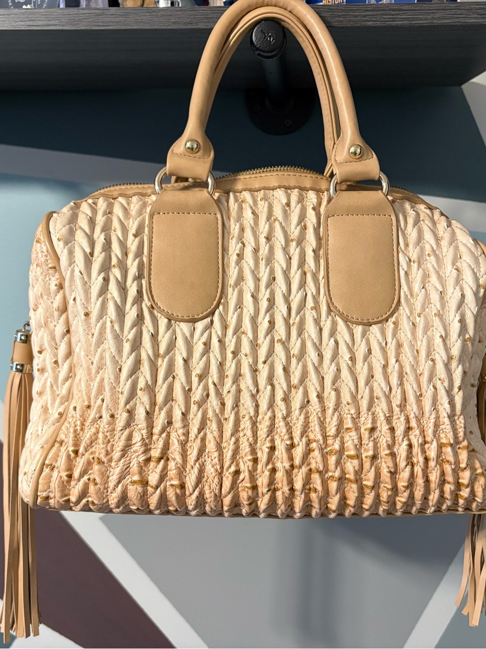 Cream Braided Satchel Handbag with Tan Trim